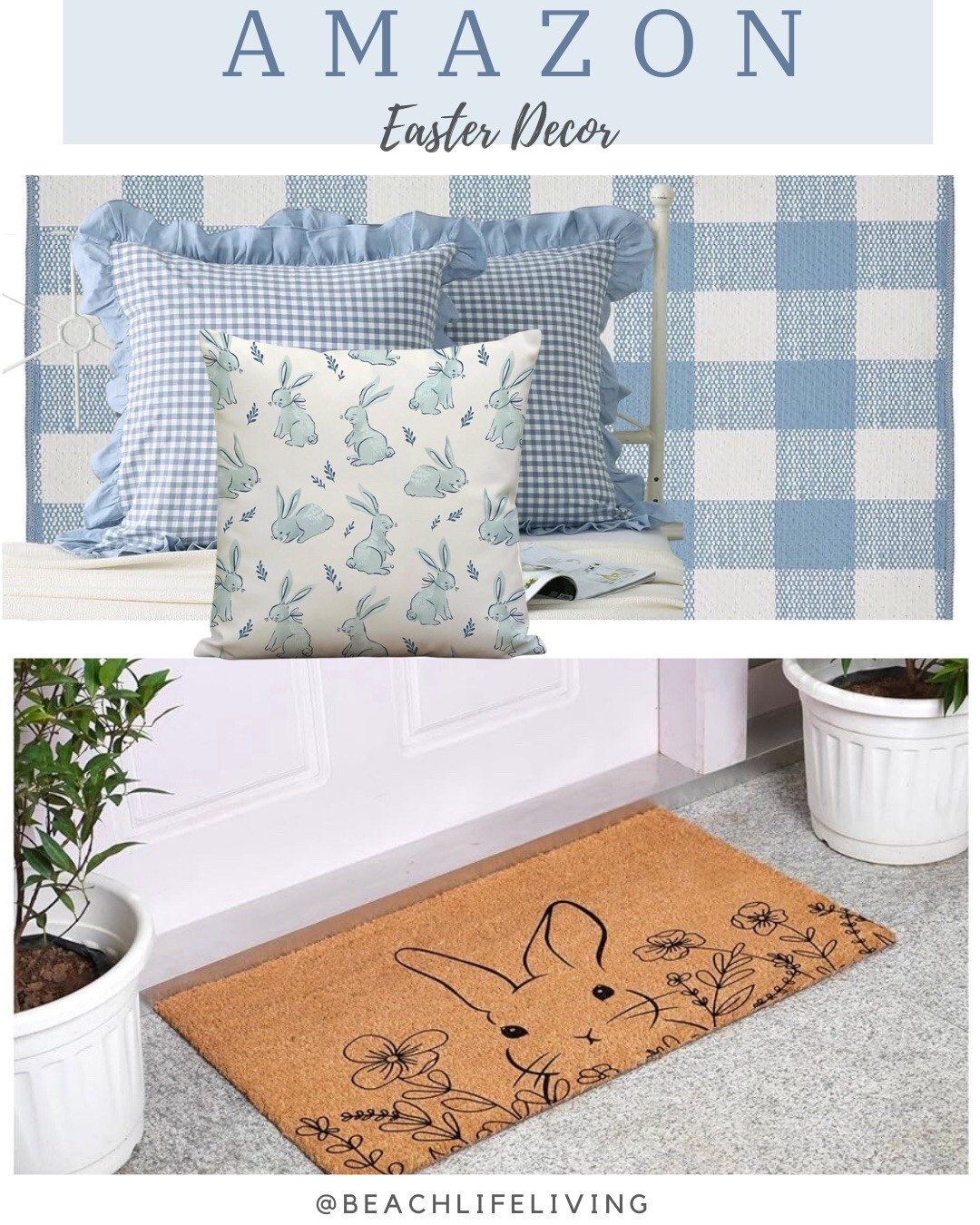 Easter Holiday Decor
Front door mat , Blue gingham checked Pillows, Buffalo Check Rug , Easter Bunny Pillow 

#easterdecor #holidaydecor 
#frontdoormat #bluepillows

#LTKHome #LTKSeasonal