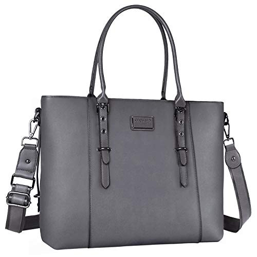 MOSISO PU Leather Laptop Tote Bag for Women (15-16 inch), Gray | Amazon (US)