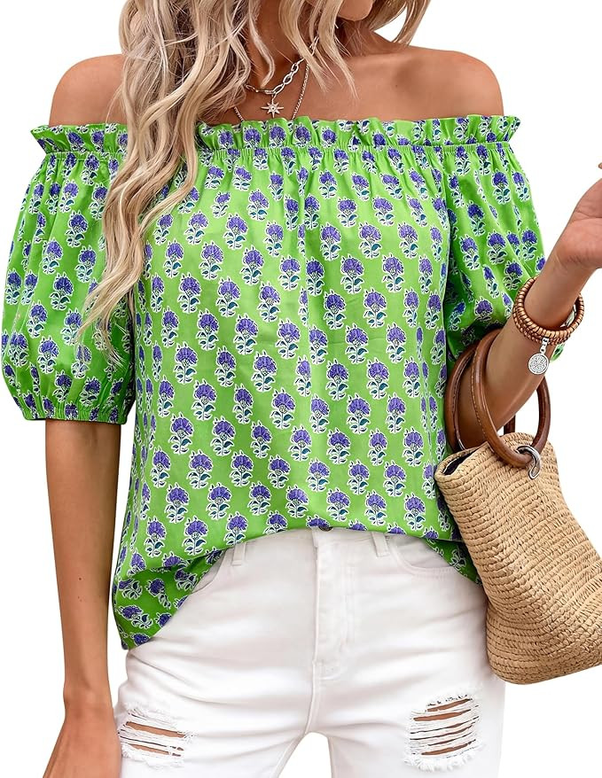BTFBM Off The Shoulder Boho Tops for Women 2026 Summer Spring Short Sleeve Floral Loose Resort Be... | Amazon (US)
