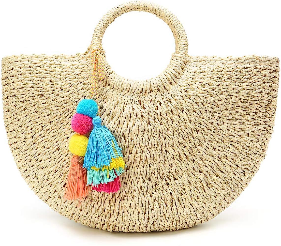 Straw Beach Bags Tote Tassels Bag Hobo Summer Handwoven Shoulder Bags Purse With Pom Poms | Amazon (US)