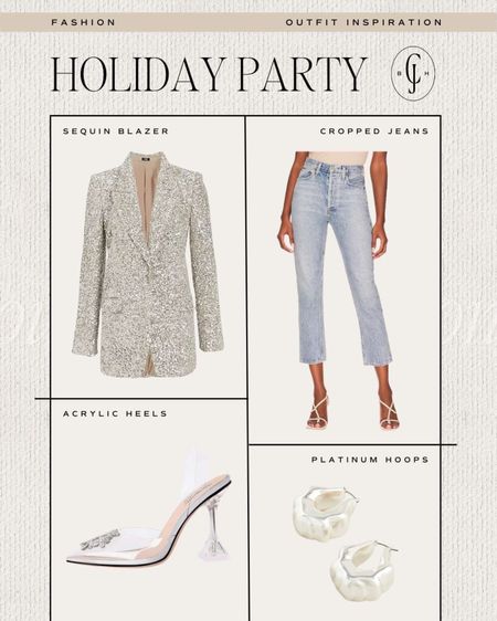 Cella Jane outfit inspiration for all your holiday parties and gatherings. Sequin blazer, jeans, clear rhinestone heels, silver tube earrings. Holiday style. Party style. 

#LTKHoliday #LTKstyletip #LTKSeasonal