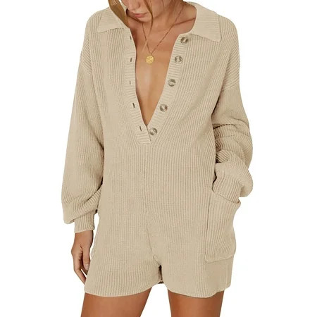 Gwiyeopda Women s Jumpsuit Long Sleeve Knit Sweater Rompers Sexy Deep V Neck Button Down Onesie Loungewear Outfits with Pockets | Walmart (US)