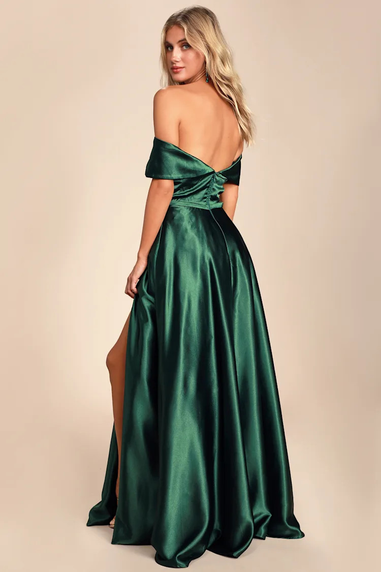 Greatest Hits Forest Green Satin Off-the-Shoulder Maxi Dress | Lulus