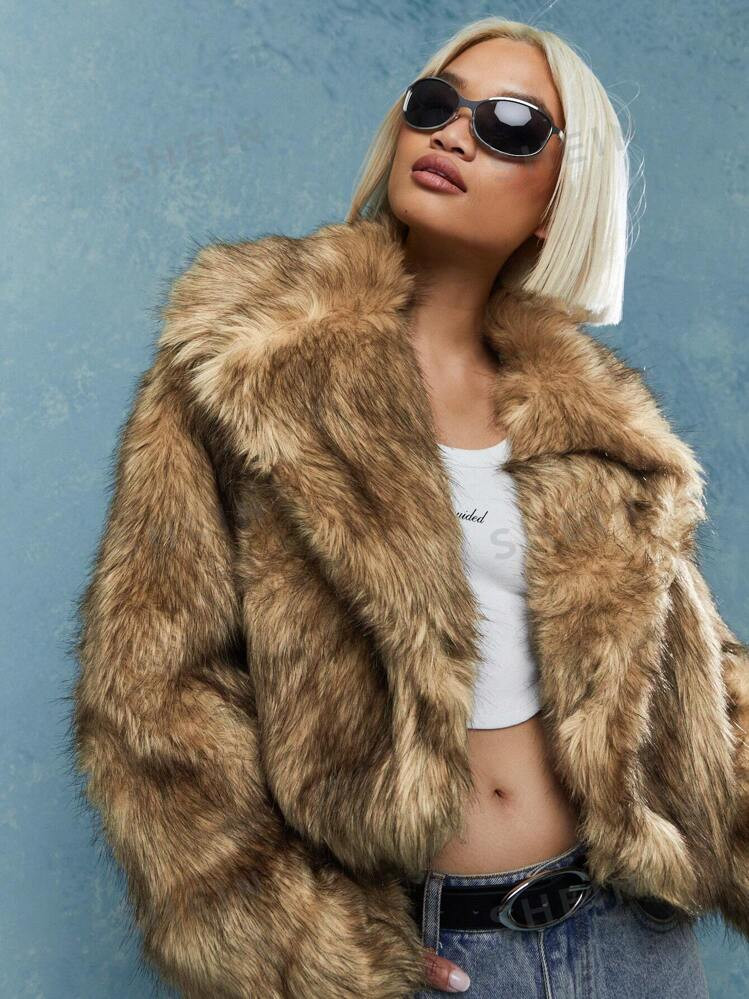 MISSGUIDED Long Collar Faux Fur Crop Jacket | SHEIN