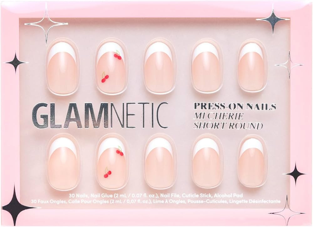 Glamnetic Press On Nails - Mi Cherie | Glossy Finish Short Round French Tip Nails with Red Bow Ac... | Amazon (US)