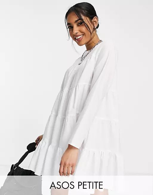 ASOS DESIGN Petite cotton poplin tiered long sleeve mini smock dress in white | ASOS (Global)