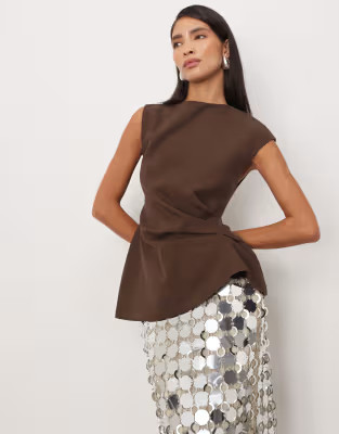 ARRANGE cinch waist tailored top with button detail in chocolate | ASOS (Global)