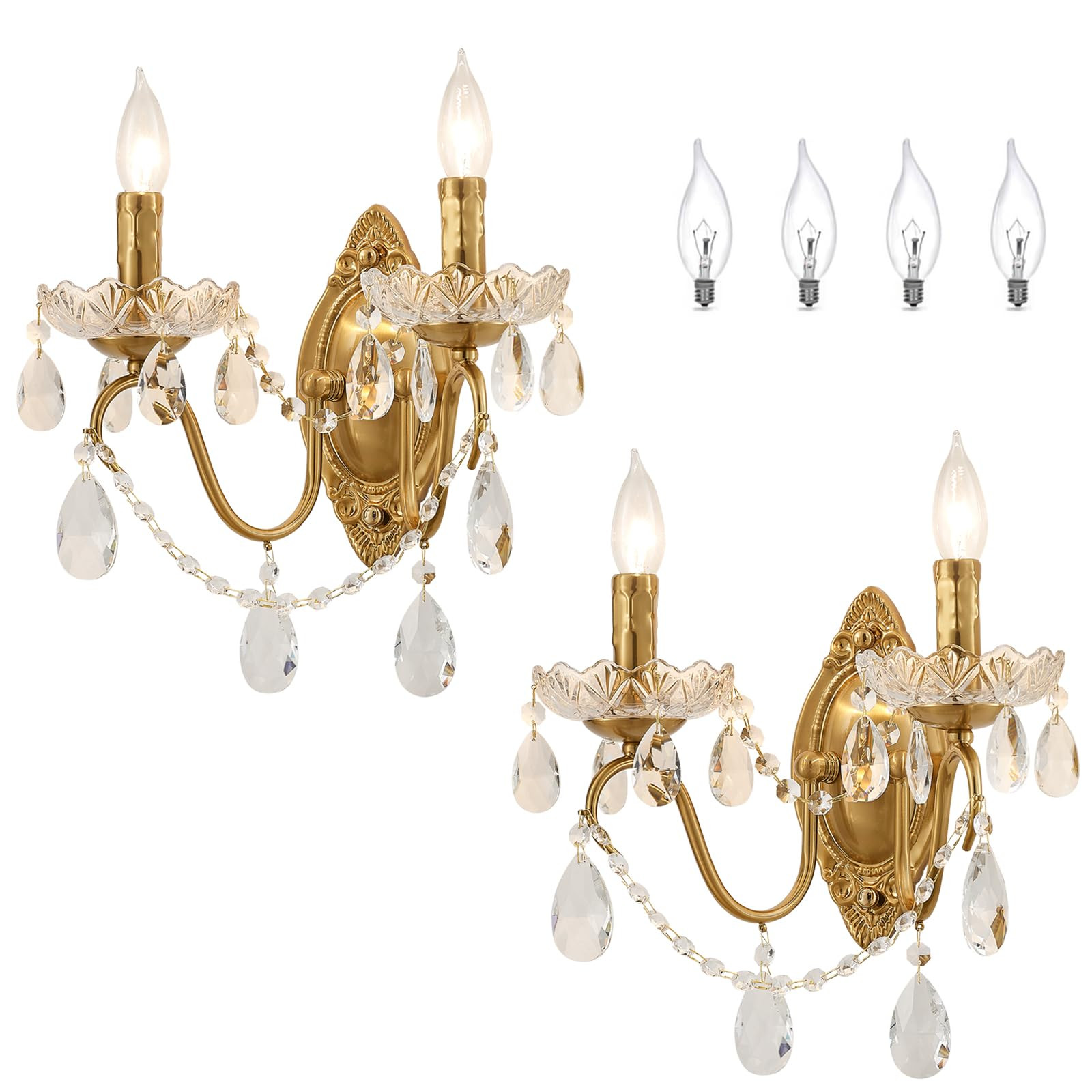Crystal Wall Sconce Set of 2, Crystal Wall sconces, Vintage Wall sconces, Gold Brass Finish with ... | Amazon (US)