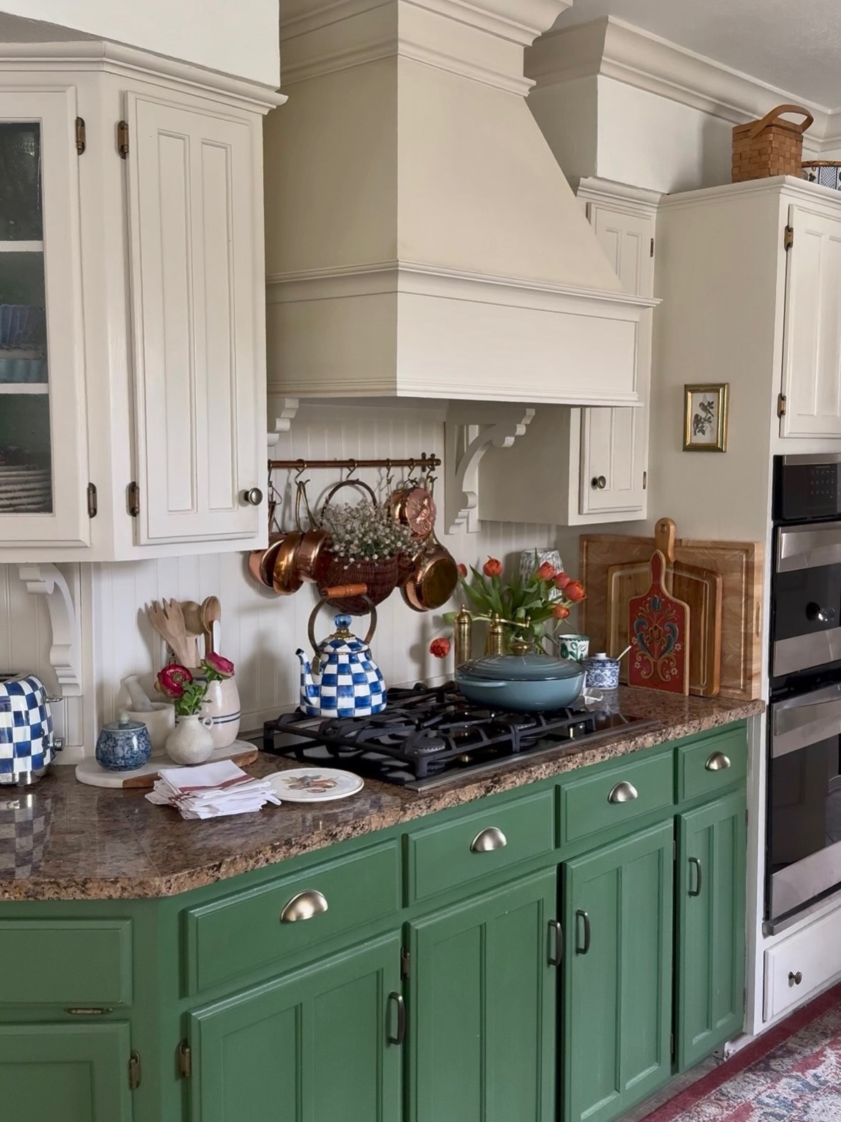 Cottage style kitchen decor… MacKenzie-Childs Royal Check toaster and tea kettle, copper pot rail, copper bird mold, copper pots and pans, end grain large cutting board 

#LTKSaleAlert #LTKHome #LTKSeasonal