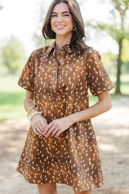 Worth A Second Look Camel Spotted Dress | The Mint Julep Boutique