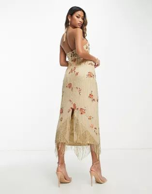 ASOS DESIGN halter embellished midi dress with floral beading detail in cream | ASOS (Global)