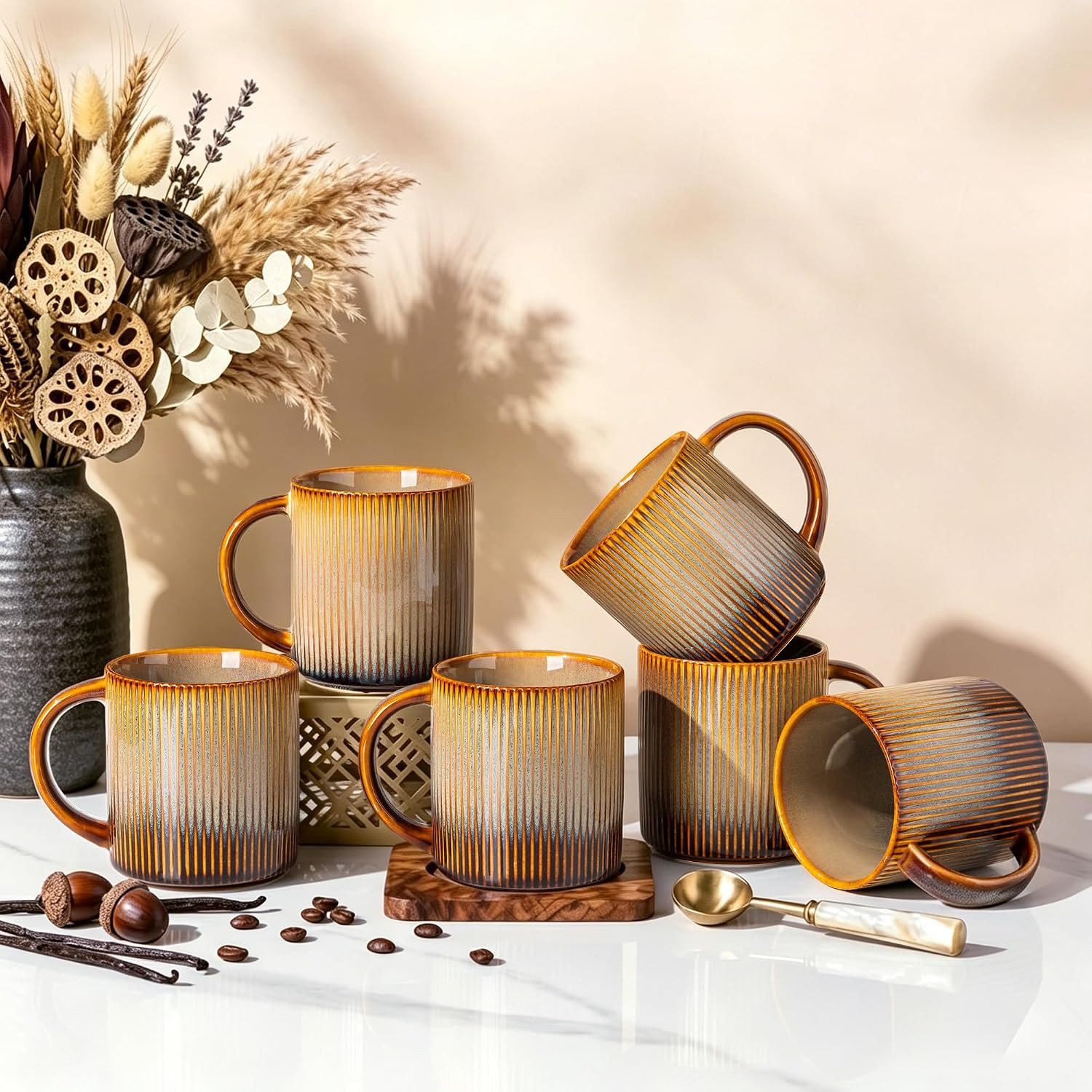 theterra Ceramic Coffee Mugs Set of 6, 14.2 oz Coffee Cups with Handle | Amazon (US)