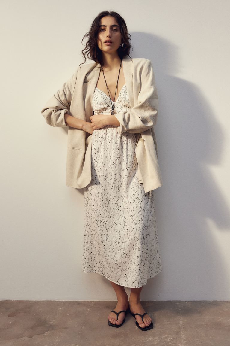 Linen-blend Strappy Dress - White/patterned - Ladies | H&M US | H&M (US + CA)