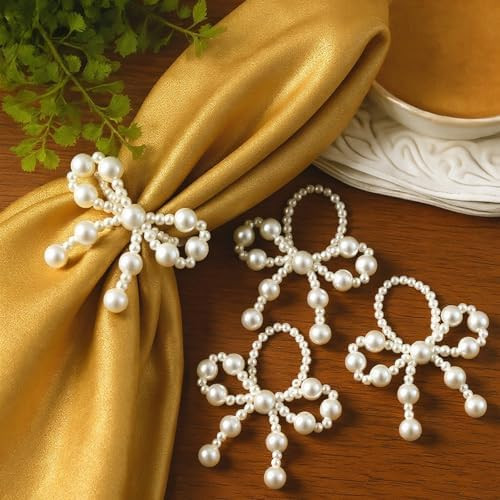 12 Pcs Pearl Bow Napkin Rings Imitation Christmas Bow Pearl Ring Napkin Holder Delicate Beaded Se... | Amazon (US)