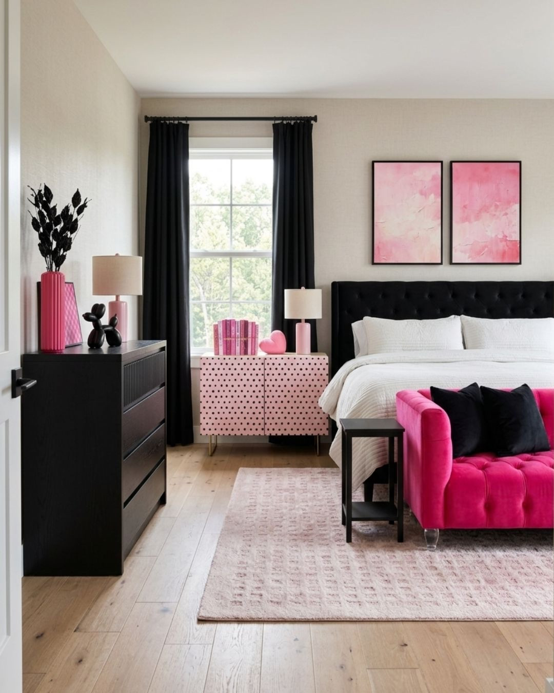 🖤💗 Black and Hot Pink Room Design

This bedroom is giving bold, glam princess energy and I am so here for it — think black blackout curtains, a hot pink tufted sofa and black/pink decor.

*Note: This is a digital room mockup showcasing product styling ideas from my room design mood board.

#LTKHome