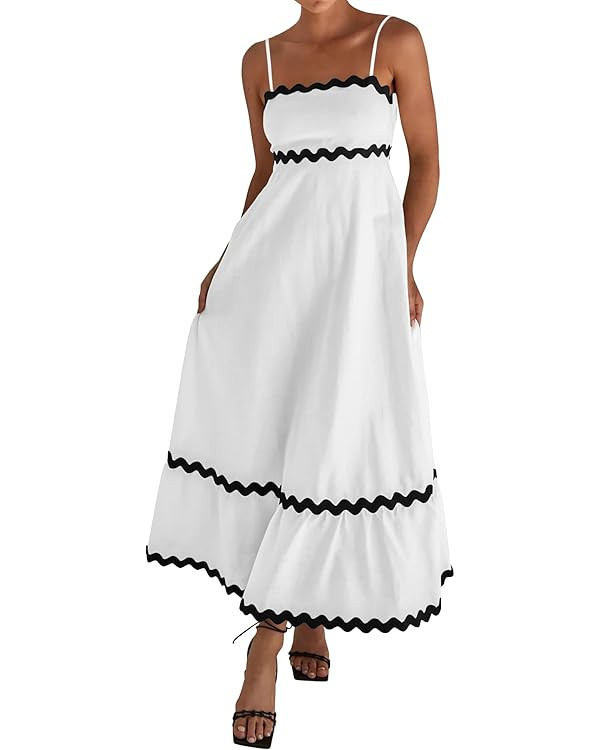 dowerme Women Summer Dresses 2024 Spaghetti Straps Sleeveless Smocked Rickrack Trim Boho Flowy Lo... | Amazon (US)