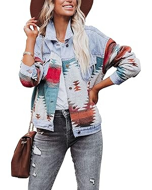 Megfie Loose Casual Frayed Washed Womens Aztec Denim Jacket Long Sleeve Lapel Aztec Denim Shacket... | Amazon (US)