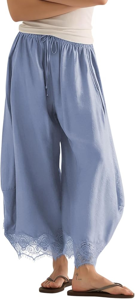 PUWEI Women's Cropped Lace-Hem Pants High Waisted Drawstring Wide Leg Pants Casual Lightweight Tr... | Amazon (US)