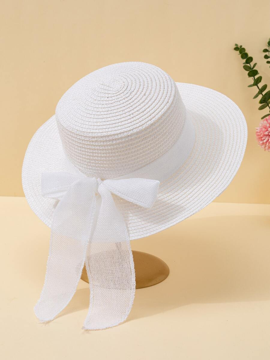 Boho 1pc Women White Fashionable Casual Flat Top Sun Hat With Bowknot Ribbon, Perfect For Beach V... | SHEIN