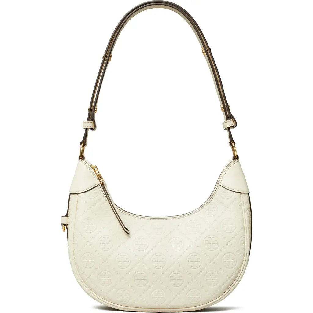 Tory Burch T-Monogram Embossed Crescent Shoulder Bag in Light Cream at Nordstrom | Nordstrom