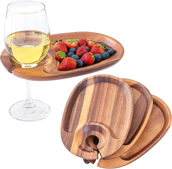 Acacia Wine Appetizer Plates, Wooden Cocktail Plates with Wine Glass Holder, Wine Party Appetizer... | Amazon (US)