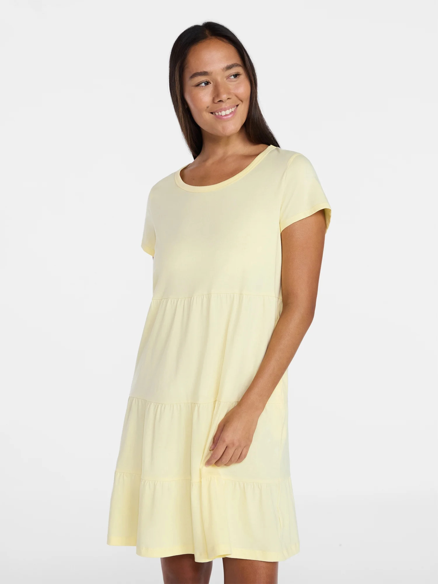 Time and Tru Women's Tiered Cotton Mini Dress with Short Sleeves, Sizes XS-XXXL | Walmart (US)