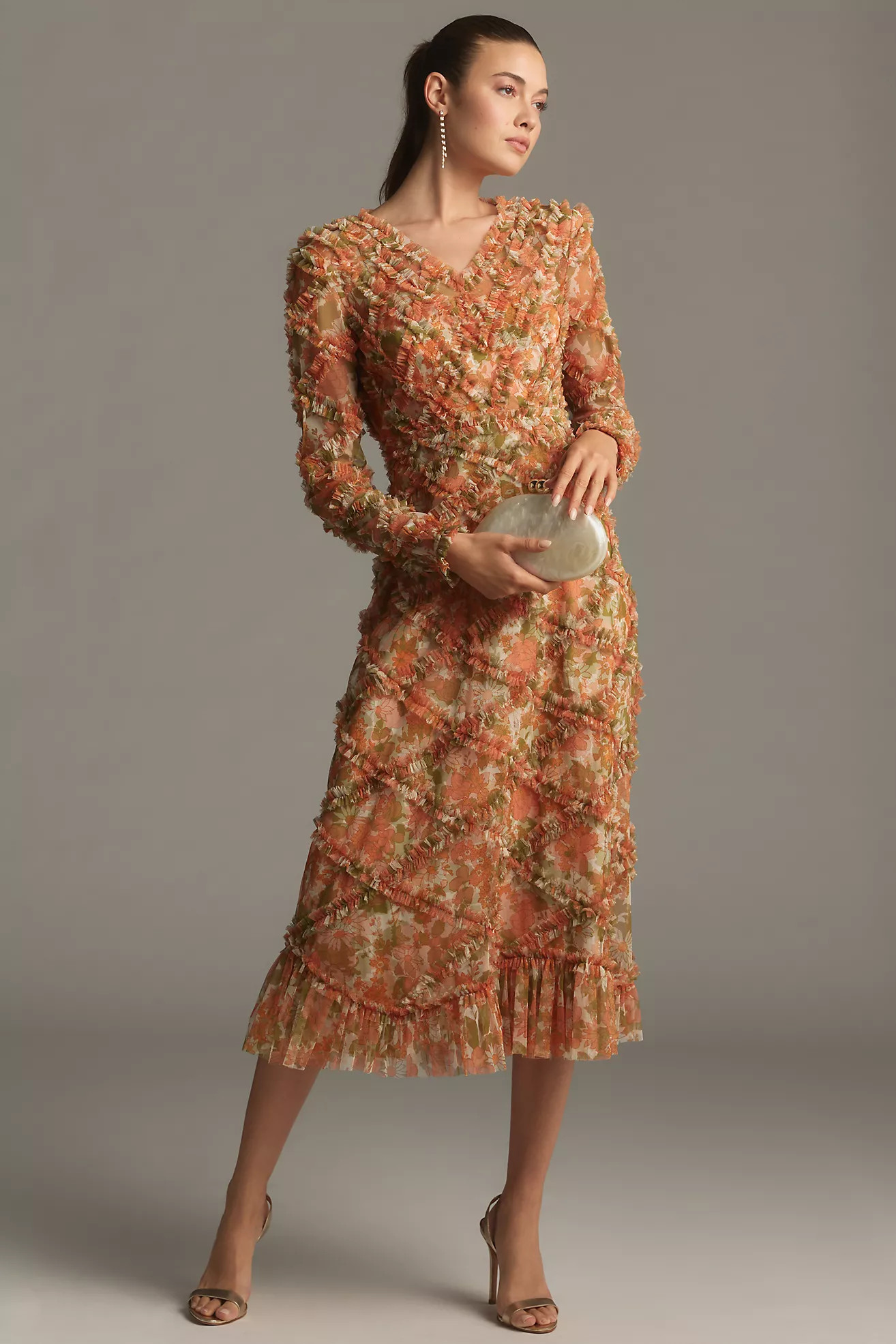 Mac Duggal Long-Sleeve V-Neck Textured Ruffled Tulle Midi Dress | Anthropologie (US)