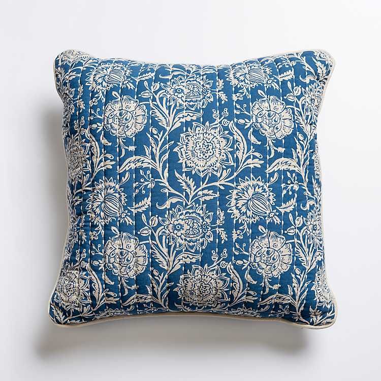 Blue Floral Stitched Cotton Throw Pillow | Kirkland's Home