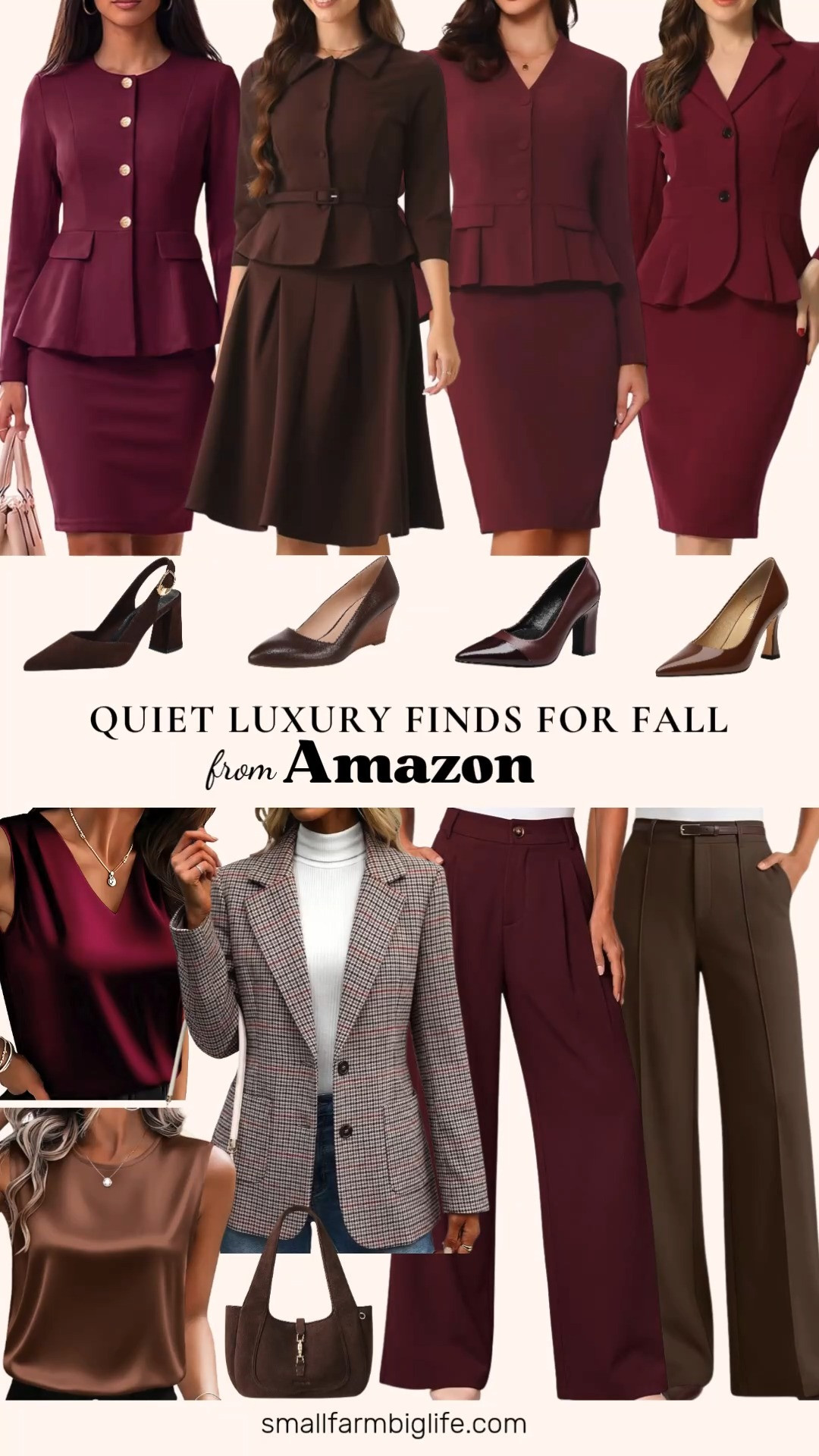 This quiet luxury edit from Amazon has such a rich, elevated feel for business casual workwear this fall.

The wine red and burgundy Allegra K Peplum Blazer and Pencil Skirt Sets are such polished, professional pieces, and the burgundy with gold buttons Skirt Suit Set and the dark brown Allegra K Blazer with a pleated skirt round out the tailored options beautifully. Layer the brown Zeagoo Satin Tank or the wine red Silk Satin Camisole underneath any of these for a soft, dressy base.

For a softer take on office style, the beige brown and wine red Mina Self Houndstooth Plaid Blazer brings such a rich, seasonal texture, and the burgundy KIRUNDO Wide Leg Trousers and the chocolate brown LILLUSORY High Waisted Dress Pants are both great alternatives to a pencil skirt.

Finishing the look, the suede coffee brown BOSTANTEN Dumpling Tote is such an elegant everyday bag, and the dark brown suede Slingback Pumps, the coffee brown Franco Sarto Wedge Pump, the burgundy Trary Chunky Pumps, and the chocolate brown patent AMBELIGHT Stiletto Pumps are all polished shoe options perfect for the office or a date night outfit.

So many quiet luxury pieces to shop for fall, all linked for you.

#amazonfashion #quietluxury #fallfashion #businesscasual #falloutfits 

 #LTKootd #LTKOver40 #LTKWorkwear
