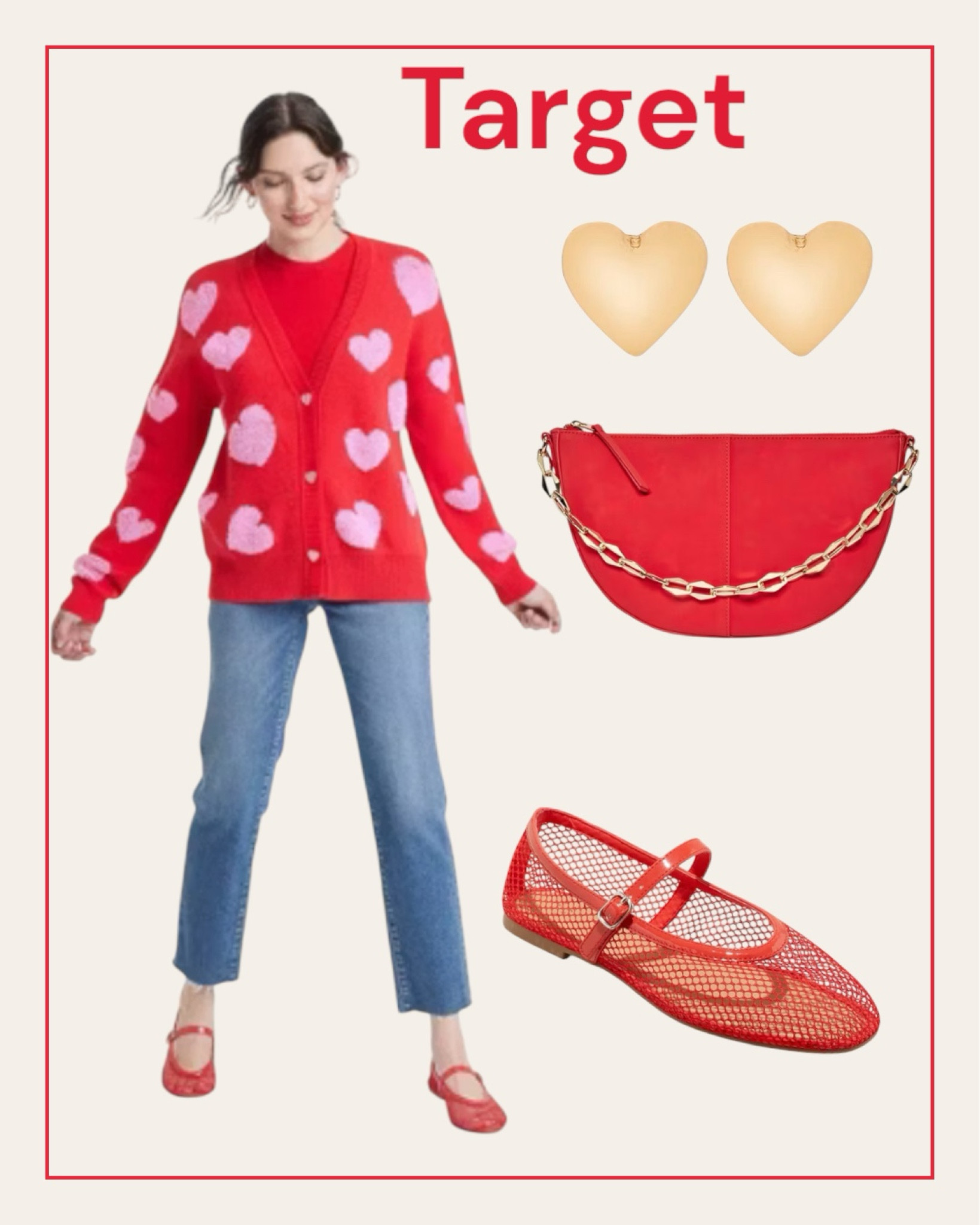 Target outfit with Valentine Day sweater, jeans and cute shoes and handbag. 
#valentinesday
#outfit
#redflats

#LTKstyletip #LTKfindsunder50 #LTKshoecrush