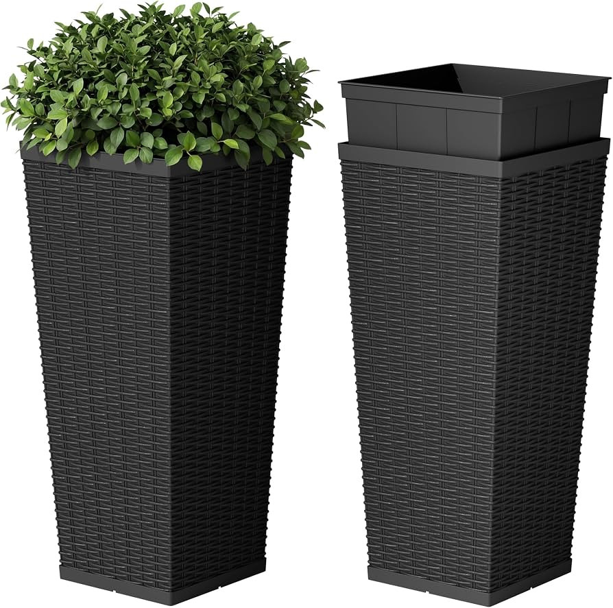 Devoko Resin Tall Planters for Outdoor Plants Set of 2, Large Taper Outdoor Planter Pots with 4 D... | Amazon (US)