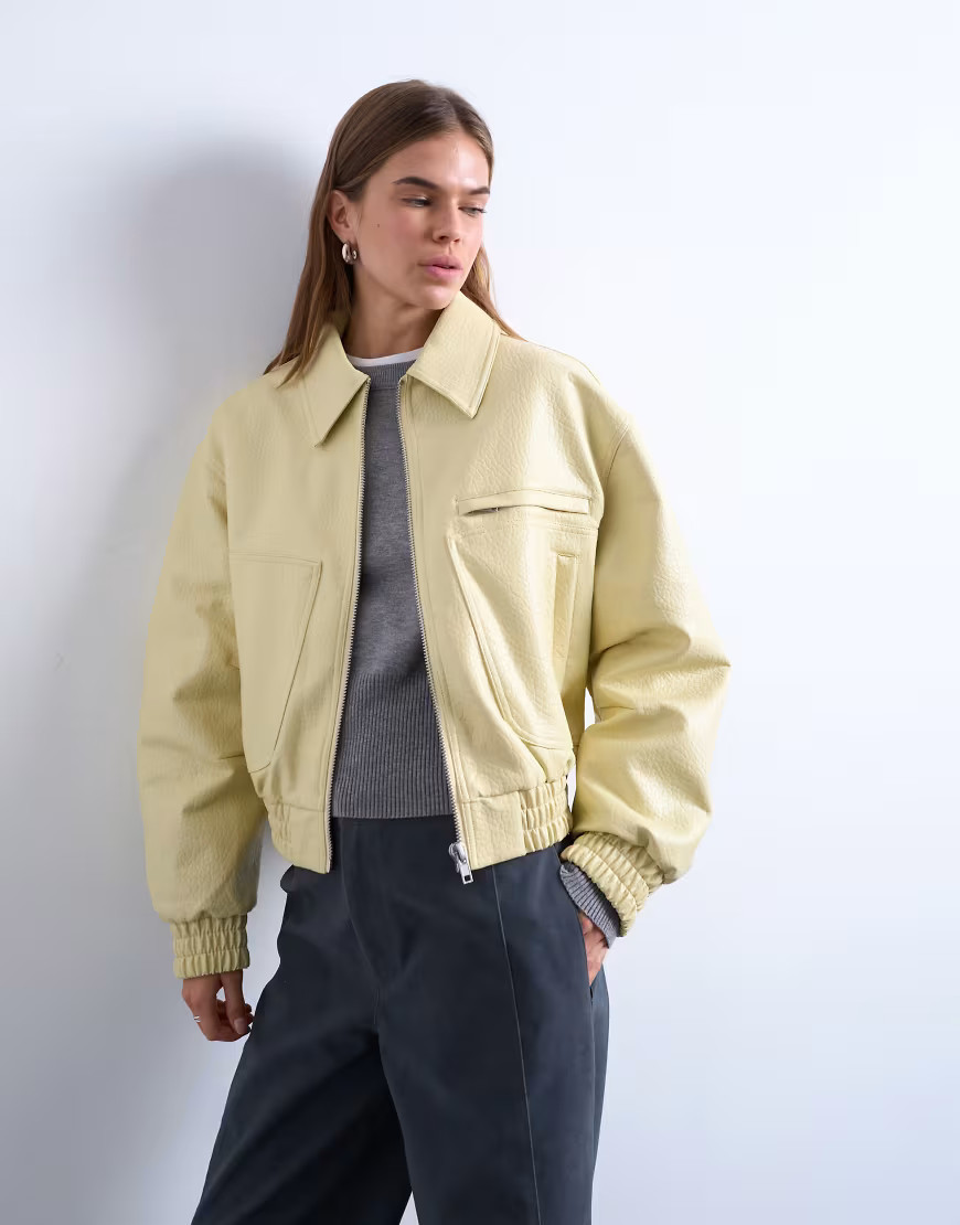 Topshop faux bubble leather cropped bomber jacket in buttermilk-Yellow | ASOS (Global)