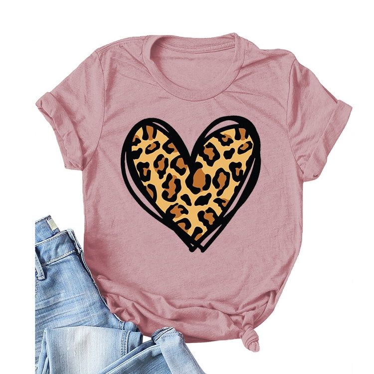 Women's Heart-shaped T Shirt Leopard Print Valentine's Day Casual Short Sleeve Tops Tee Shirt O N... | Walmart (US)