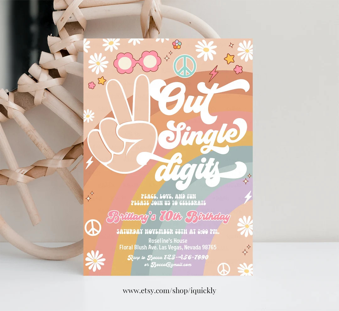 Editable Peace Out Single Digits Birthday invitation Fall Groovy 10th Birthday Invite Daisy Rainb... | Etsy (US)