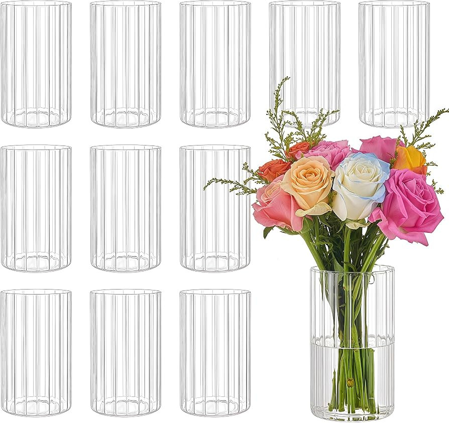 Ribbed Glass Vase Set of 12 Packs, Propagation Vases for Plants, 6 Inches Glass Cylinder Vases fo... | Amazon (US)