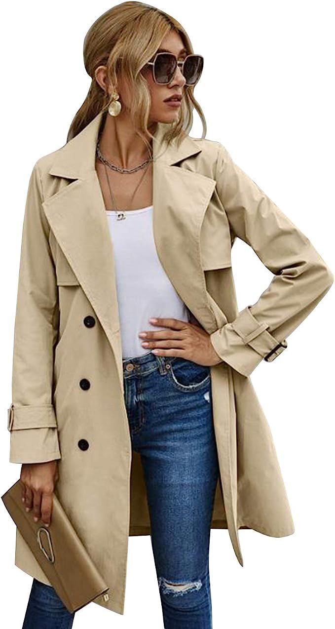 MIEAHORY Women Solid Color Jacket, Adults Long Sleeve Lapel Double Breasted Belted Trench Coat | Amazon (US)