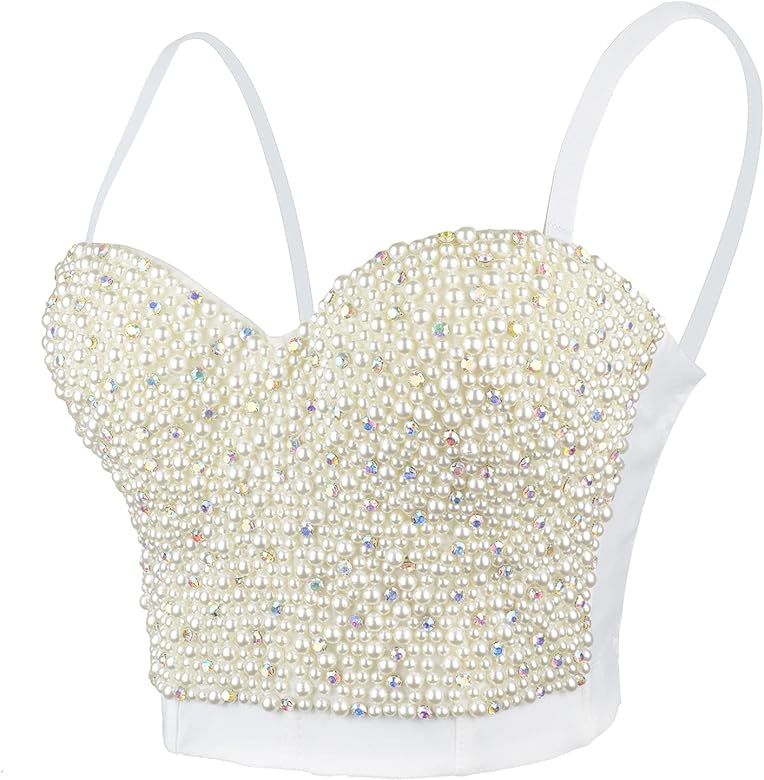 ELLACCI Sexy Pearls Beaded Rhinestone Bustier Crop Top Push up Corset Top with Detachable Straps | Amazon (US)