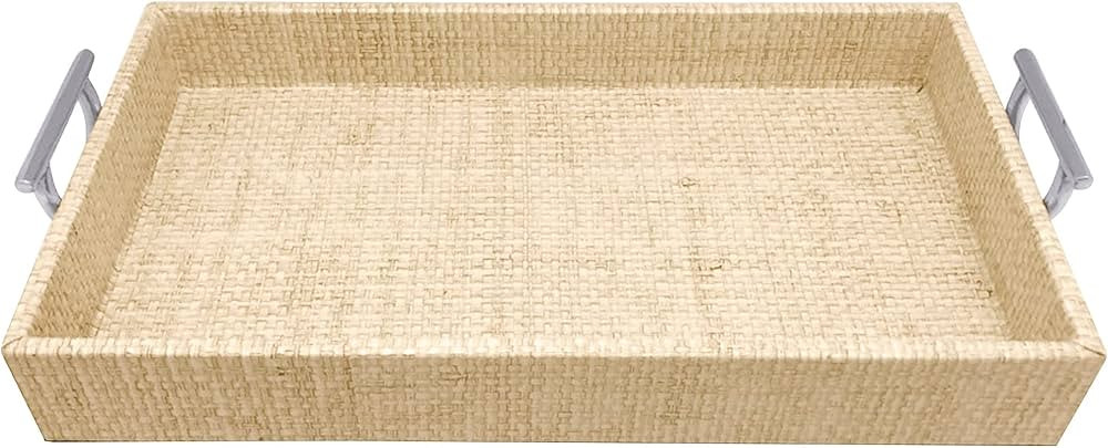 Sand Faux Grasscloth Metal Handled Small Tray | Amazon (US)