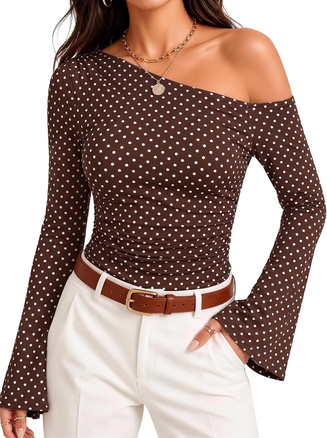 Womens Polka Dot Top Off the Shoulder Bell Long Sleeve Shirt | Amazon (US)