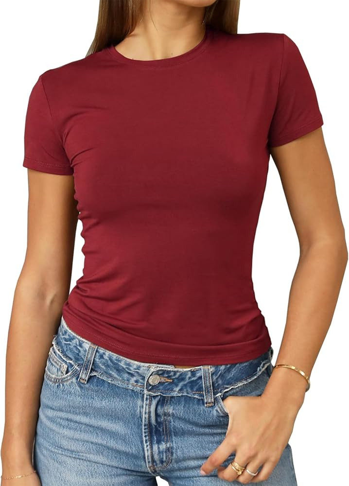 Abardsion Women's Casual Basic Going Out Crop Tops Slim Fit Short Sleeve Crew Neck Tight T Shirts... | Amazon (US)