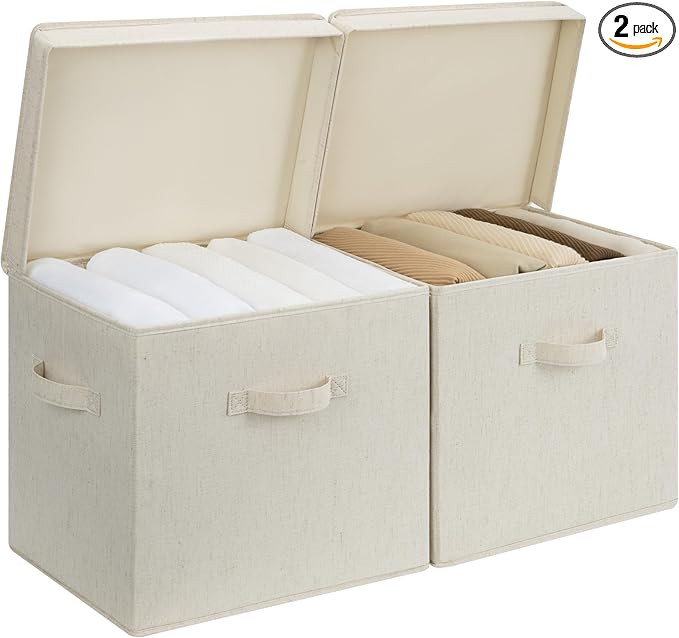 StorageWorks Fabric Storage Bins with Lids, Stackable Closet Storage Boxes with Handles, Decorati... | Amazon (US)