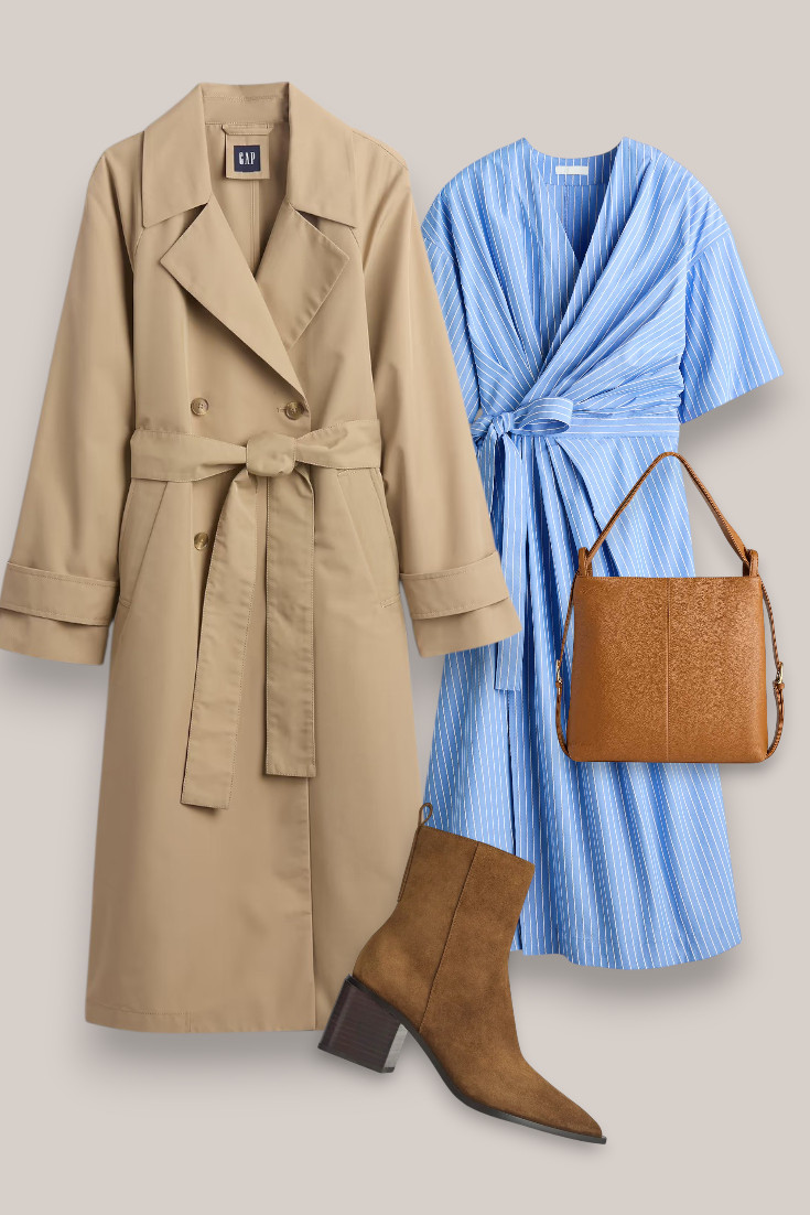 An easy way to take a summer dress into early autumn: just add a classic trench and suede ankle boots. Love the mix of pale blue, camel and tan here. #trenchcoatoutfit #dressoutfit #transitionalstyle #fallfashion

#LTKautumn #LTKdatenight #LTKstyletip