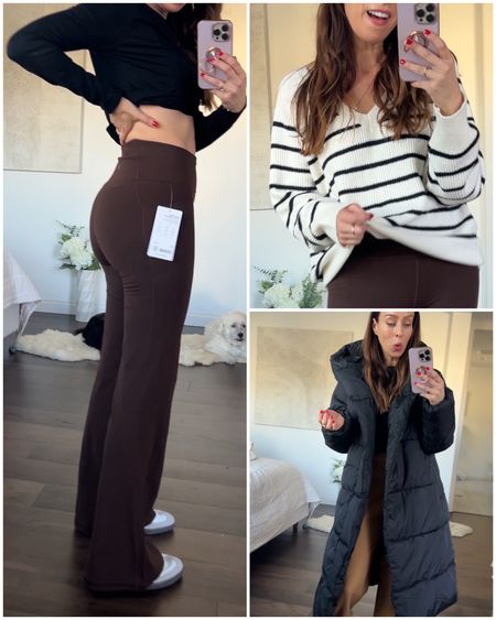 Old Navy try-on over on IG stories - wearing size 2 jeans, black jacket is S, brown is XS, brown Athleta pants are size S