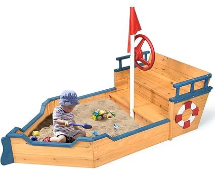 Costzon Pirate Boat Wood Sandbox for Kids, Wooden Pirate Sandboat Covered Sandboxes w/Bench Seat,... | Amazon (US)