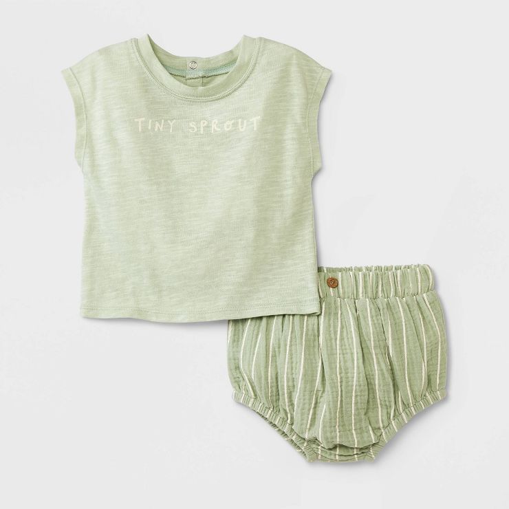 Grayson Collective Baby Short Sleeve Slub Jersey & Gauze Bloomer Set - Sage Green | Target