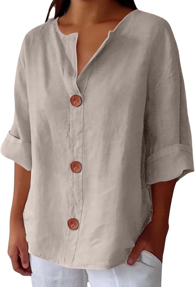 Linen Shirts for Womens Summer Button Down V Neck 3/4 Sleeve Blouses Casual Loose Seniors Tunic T... | Amazon (US)