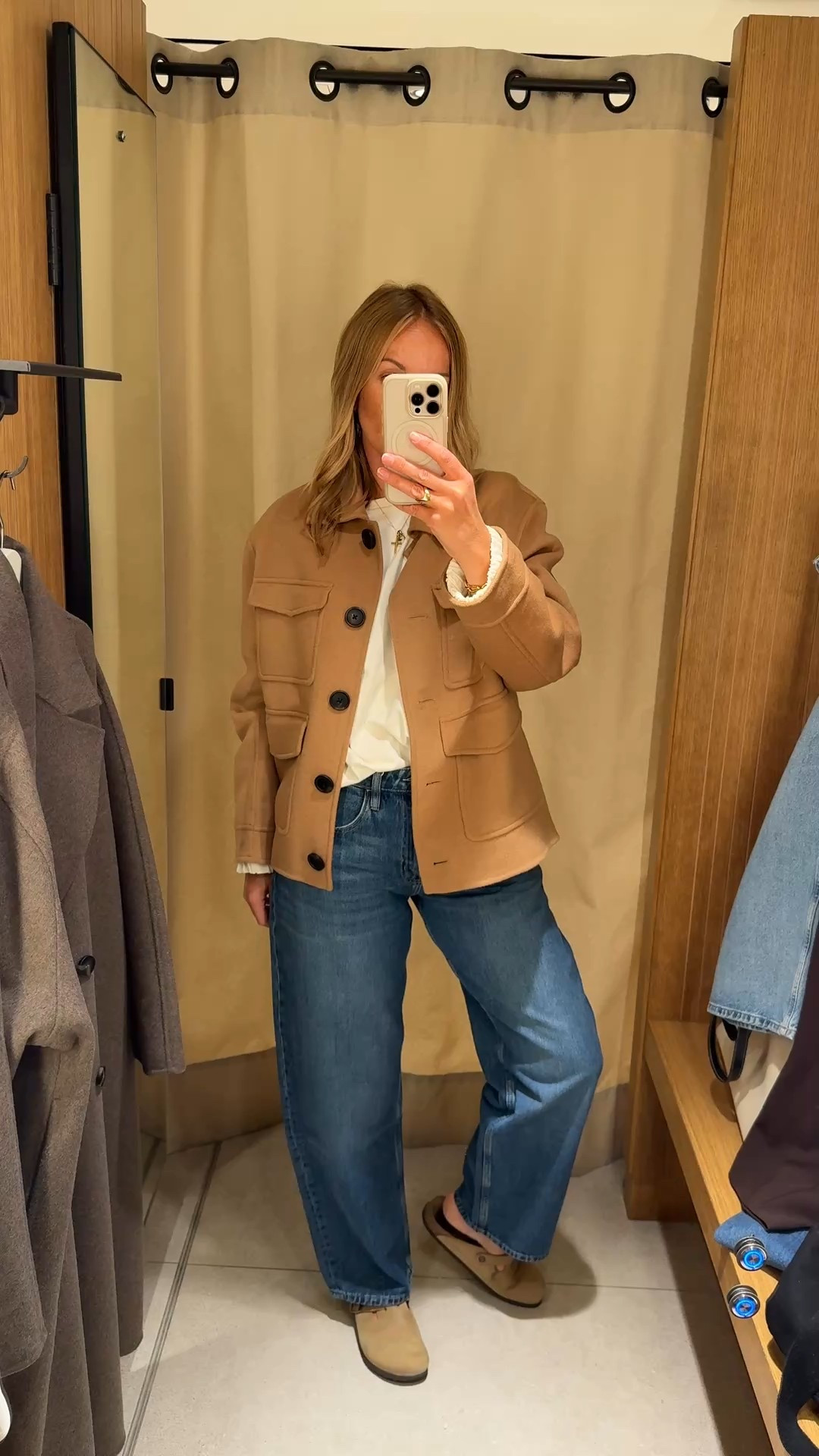 This is the same wool double cloth as used for those coats - it’s such a great fabric for a chic and wearable layer. 
This style fits like a wool overshirt 
Available in camel and navy 
I’m wearing the XL here as I prefer it looser fitting. 

Jeans I’m wearing a U.K. 14 
Sweatshirt a U.K. medium 

#LTKjeans #LTKuk #LTKautumn