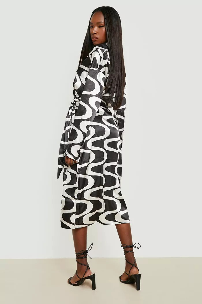 Wave Printed Satin Wrap Midi Dress | Boohoo.com (US & CA)