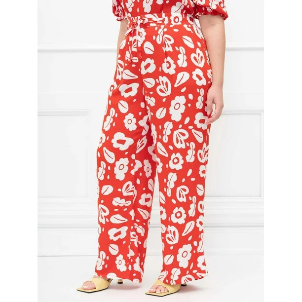 ELOQUII Elements Women's Plus Size Tie-Waist Stencil Print Wide Leg Pants | Walmart (US)