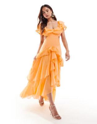 ASOS DESIGN flutter sleeve maxi dress with tiered skirt and lace trim in soft orange | ASOS | ASOS (Global)